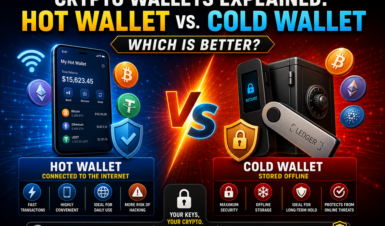 Crypto wallets explained infographic comparing hot wallets and cold wallets, showing internet-connected software wallets versus secure offline hardware wallets, with security, speed, and storage features for cryptocurrency investors.