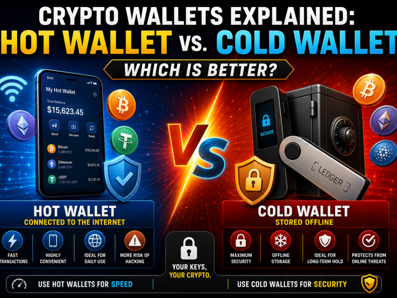 Crypto wallets explained infographic comparing hot wallets and cold wallets, showing internet-connected software wallets versus secure offline hardware wallets, with security, speed, and storage features for cryptocurrency investors.