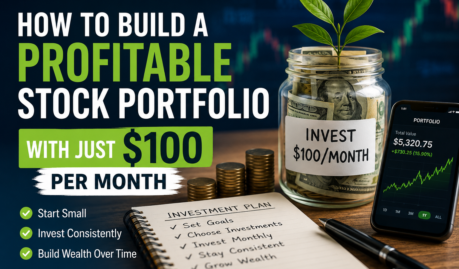A financial planning scene showing a jar filled with cash, a growing plant, stacked coins, an investment notebook, and a smartphone displaying a rising stock chart with the headline 'How to Build a Profitable Stock Portfolio with Just $100 Per Month.