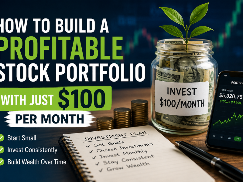 A financial planning scene showing a jar filled with cash, a growing plant, stacked coins, an investment notebook, and a smartphone displaying a rising stock chart with the headline 'How to Build a Profitable Stock Portfolio with Just $100 Per Month.