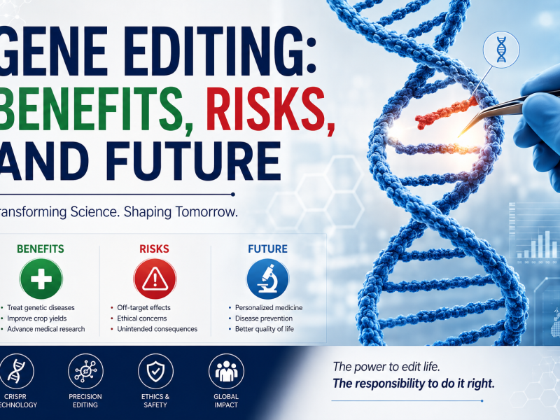 Gene editing DNA illustration showing CRISPR technology, benefits, risks, and future applications.