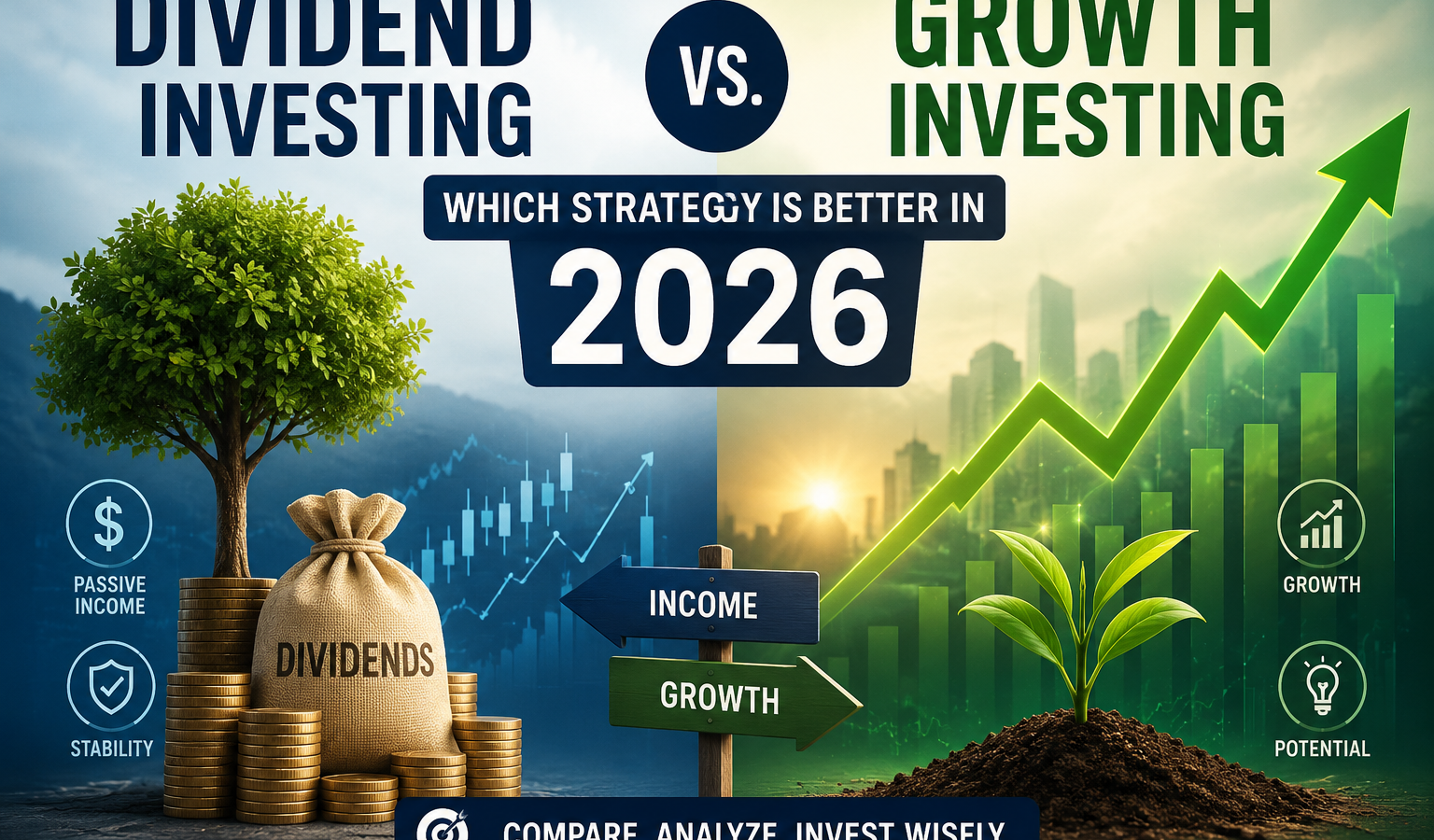 Dividend Investing vs. Growth Investing in 2026 comparison showing passive income, dividend stocks, growth stocks, and rising market charts.