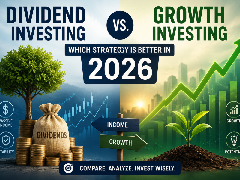 Dividend Investing vs. Growth Investing in 2026 comparison showing passive income, dividend stocks, growth stocks, and rising market charts.