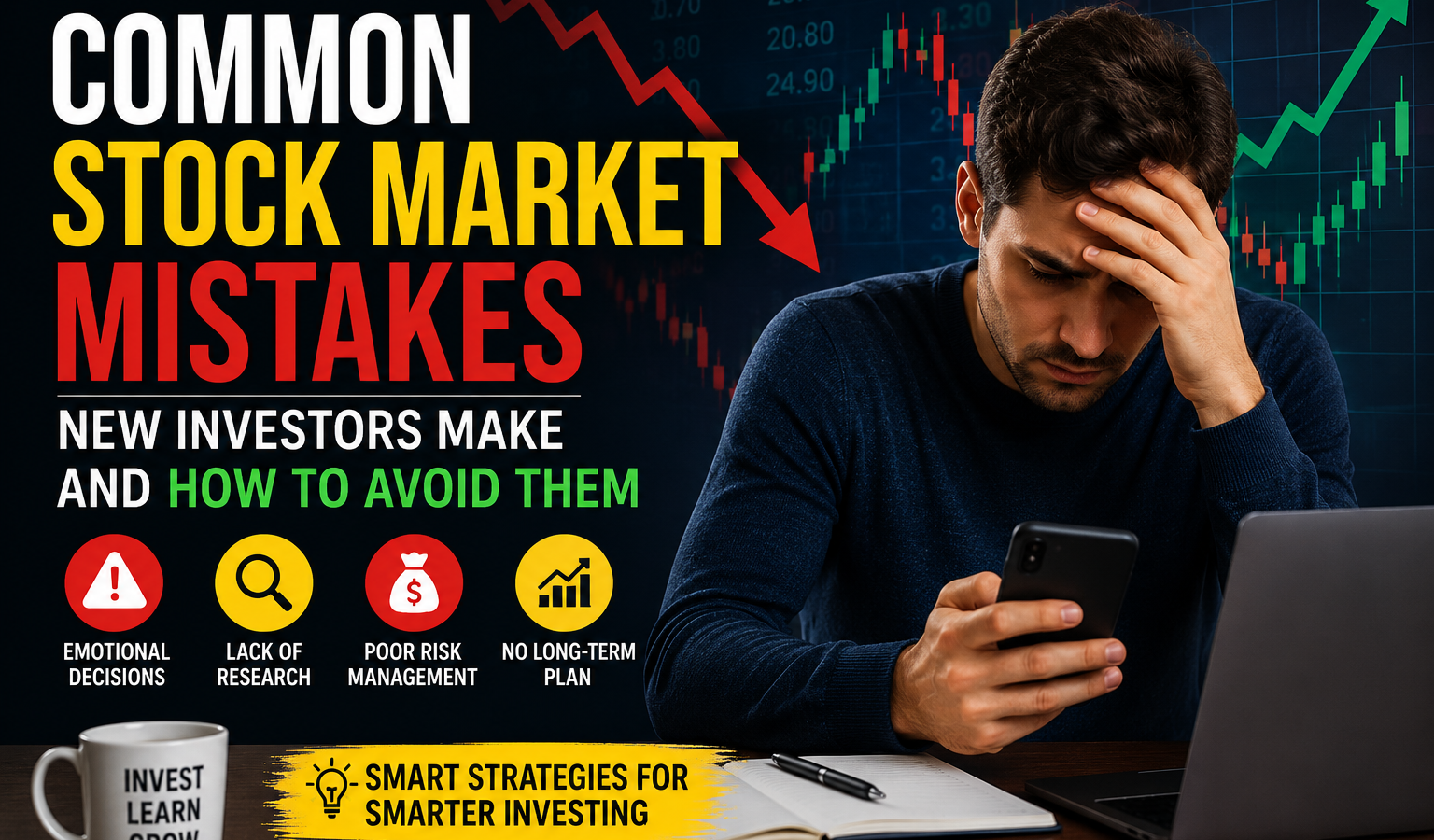 Common Stock Market Mistakes New Investors Make – A worried investor looking at stock charts on a laptop and smartphone, with bullish and bearish market graphs illustrating common investing mistakes and smart strategies for long-term success."