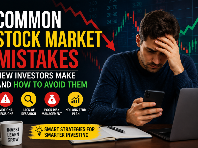 Common Stock Market Mistakes New Investors Make – A worried investor looking at stock charts on a laptop and smartphone, with bullish and bearish market graphs illustrating common investing mistakes and smart strategies for long-term success."