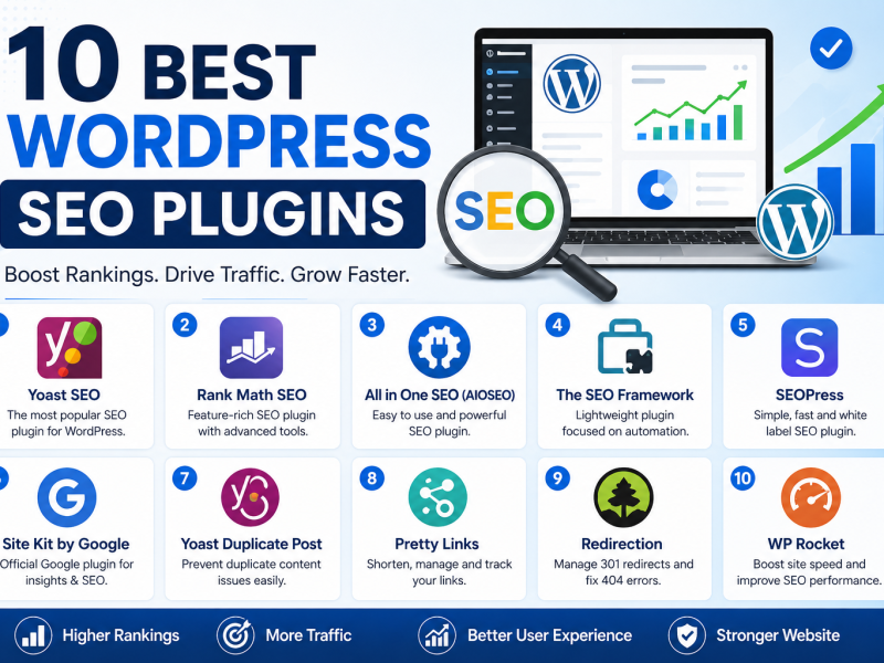 Top 10 WordPress SEO plugins comparison with SEO tools and website optimization dashboard.