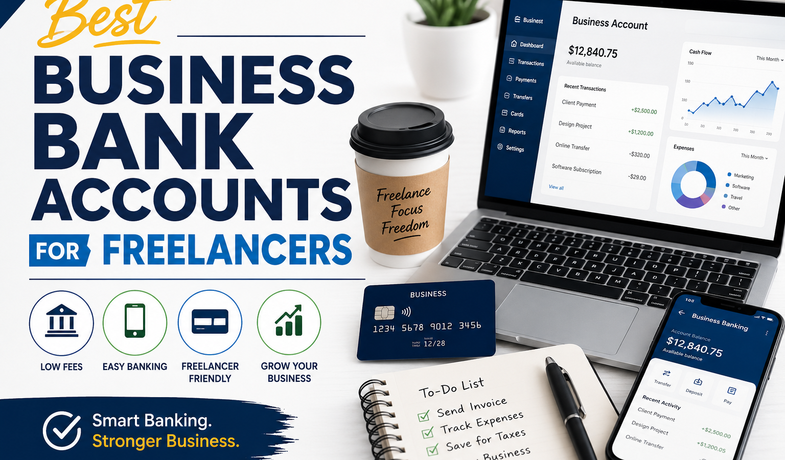 Best Business Bank Accounts for Freelancers infographic showing a laptop with online banking dashboard, business debit card, smartphone banking app, notebook, and freelancer workspace illustrating modern business banking solutions for self-employed professionals