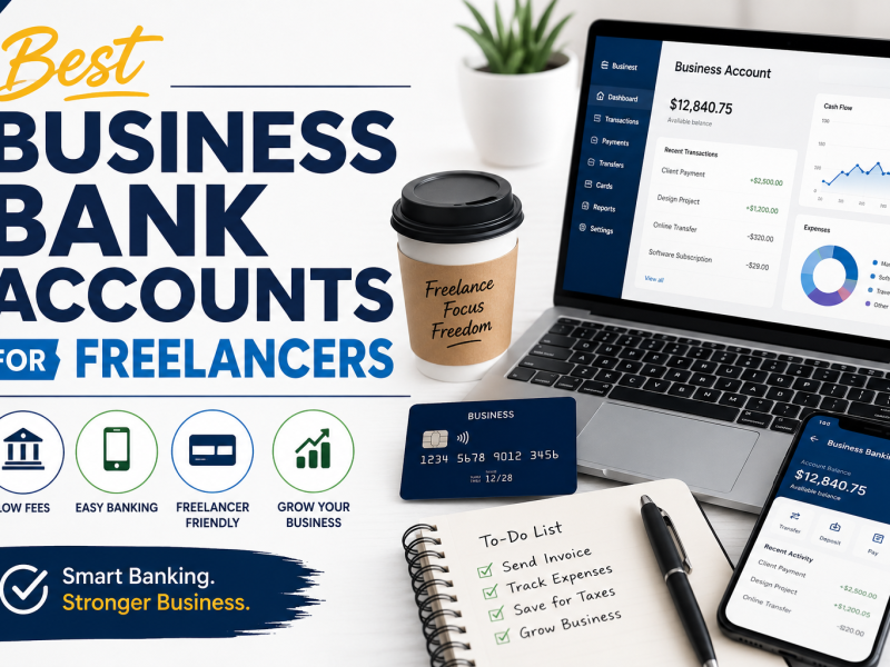 Best Business Bank Accounts for Freelancers infographic showing a laptop with online banking dashboard, business debit card, smartphone banking app, notebook, and freelancer workspace illustrating modern business banking solutions for self-employed professionals