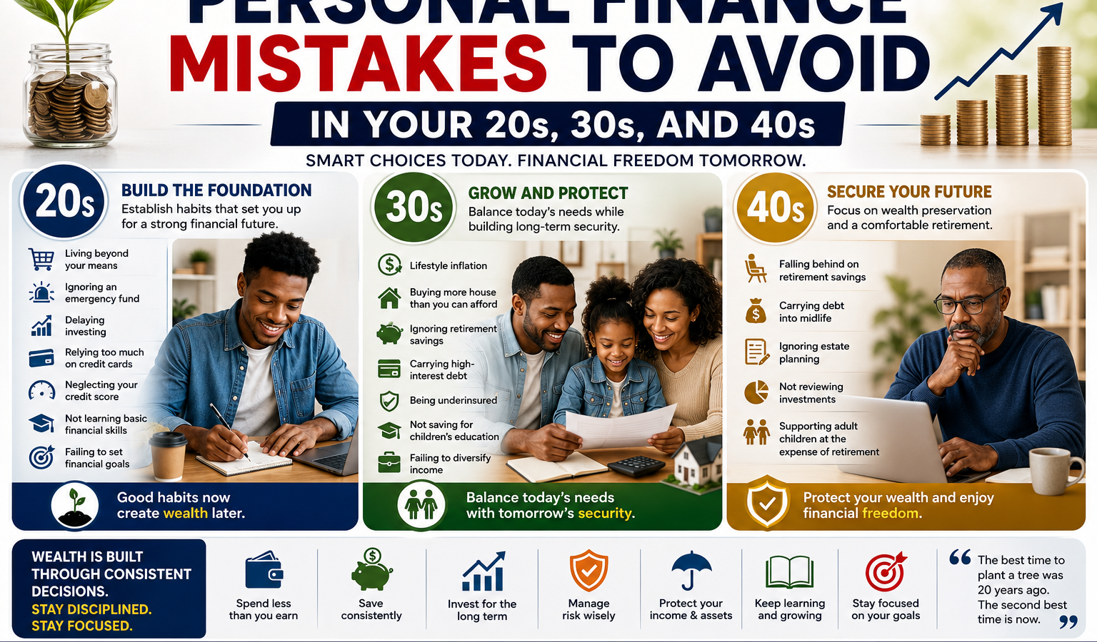 Illustration of personal finance planning across your 20s, 30s, and 40s with budgeting, saving, investing, and retirement concepts."
