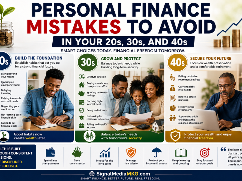 Illustration of personal finance planning across your 20s, 30s, and 40s with budgeting, saving, investing, and retirement concepts."
