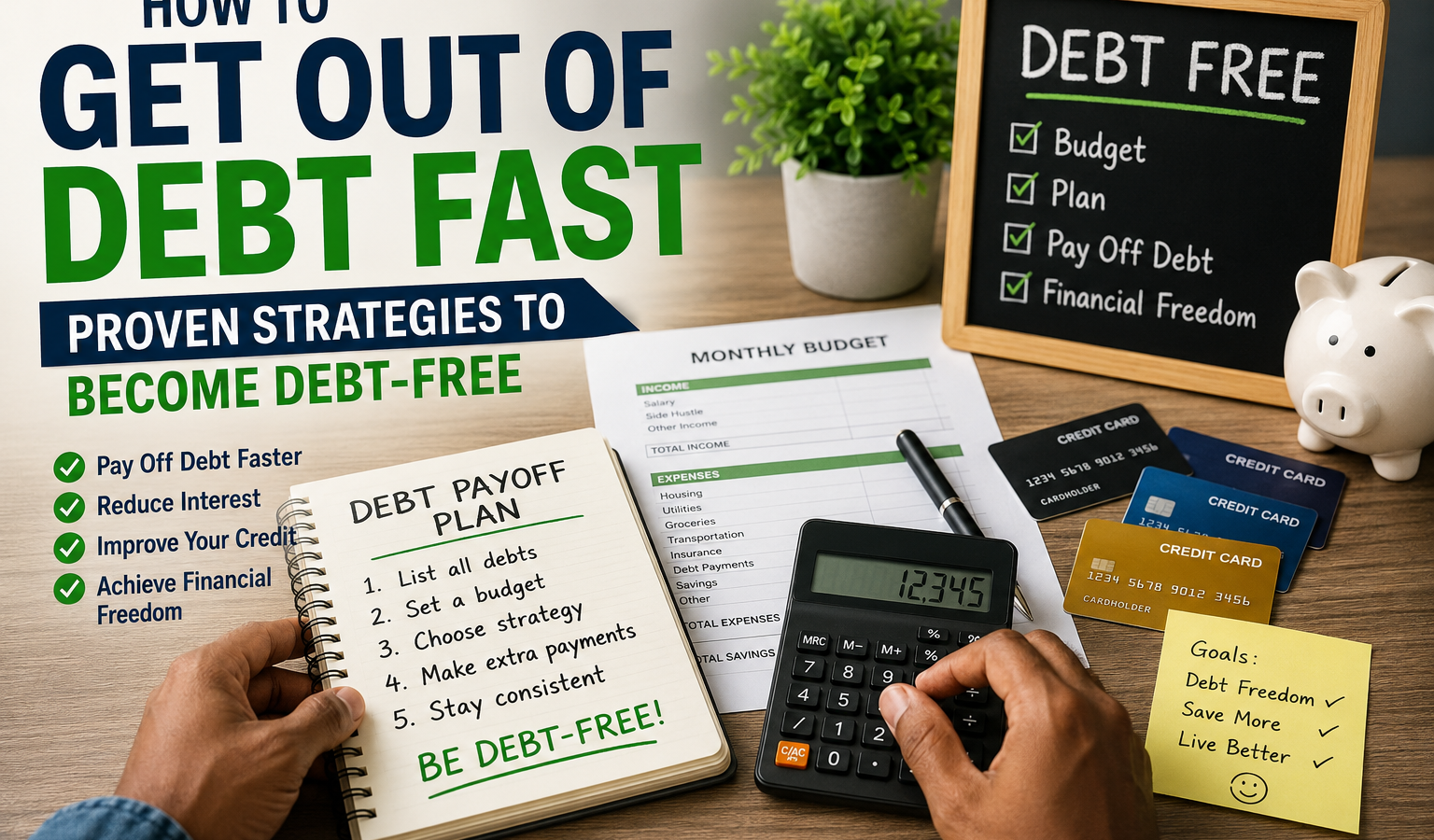 Person calculating a debt repayment budget with credit cards, bills, and a financial planning notebook."
