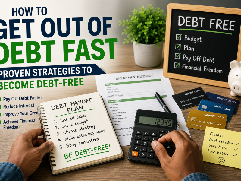 Person calculating a debt repayment budget with credit cards, bills, and a financial planning notebook."