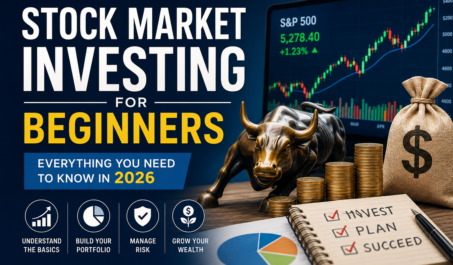 A modern stock market investing illustration for beginners featuring a bullish stock chart, a bronze bull statue, stacks of gold coins, a money bag, and a financial planning notebook, representing wealth building, portfolio growth, and investment strategies in 2026.