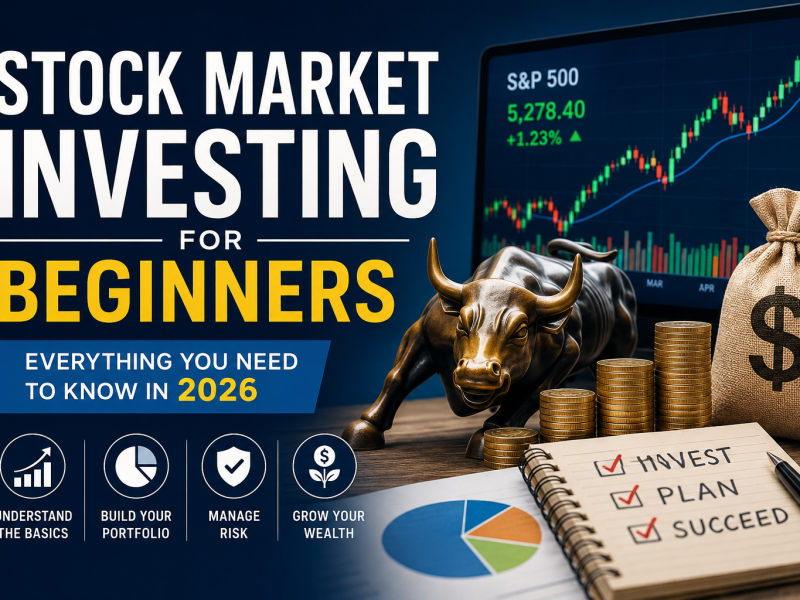 A modern stock market investing illustration for beginners featuring a bullish stock chart, a bronze bull statue, stacks of gold coins, a money bag, and a financial planning notebook, representing wealth building, portfolio growth, and investment strategies in 2026.