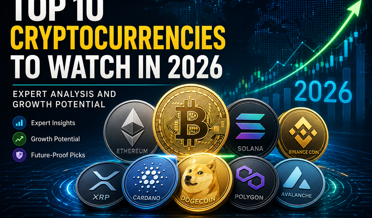 Top 10 Cryptocurrencies to Watch in 2026 featuring Bitcoin, Ethereum, Solana, XRP, Cardano, Avalanche, and other leading digital assets with an upward market growth chart and futuristic financial technology background.