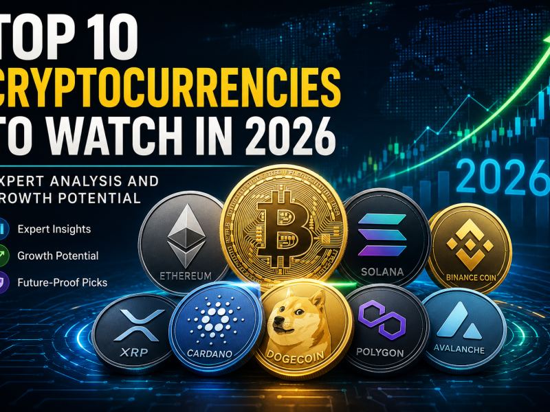 Top 10 Cryptocurrencies to Watch in 2026 featuring Bitcoin, Ethereum, Solana, XRP, Cardano, Avalanche, and other leading digital assets with an upward market growth chart and futuristic financial technology background.