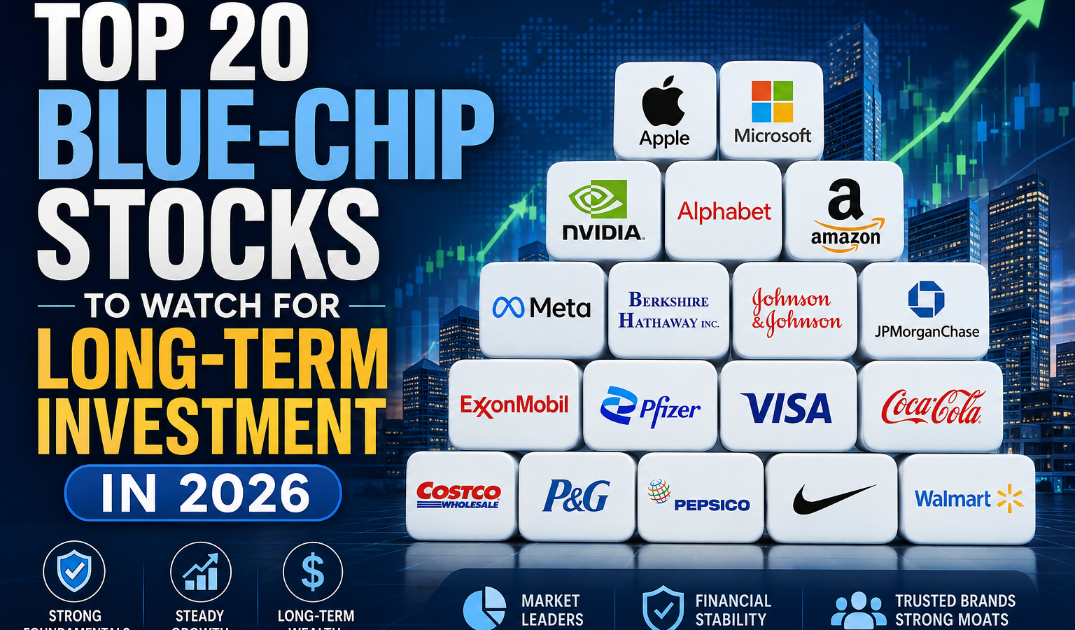 Illustration of top blue-chip stocks for long-term investment in 2026 featuring a financial market background with an upward stock chart and logos representing leading global companies, symbolizing portfolio growth, stability, and wealth building