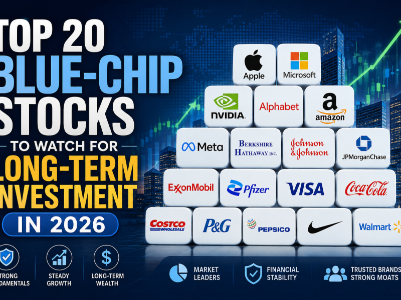 Illustration of top blue-chip stocks for long-term investment in 2026 featuring a financial market background with an upward stock chart and logos representing leading global companies, symbolizing portfolio growth, stability, and wealth building
