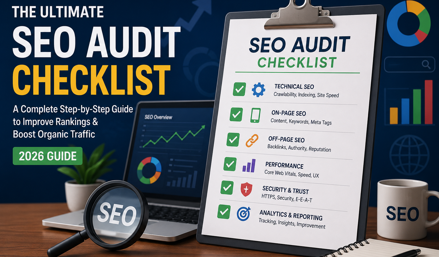 Illustration of an SEO audit checklist on a clipboard with a laptop displaying analytics, charts, and SEO performance metrics, representing technical SEO, on-page optimization, Core Web Vitals, website performance, and search engine optimization best practices.