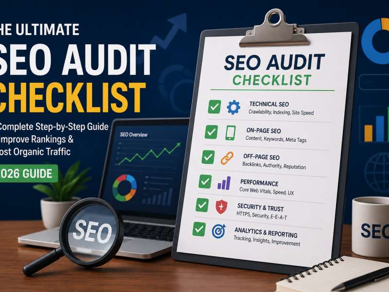 Illustration of an SEO audit checklist on a clipboard with a laptop displaying analytics, charts, and SEO performance metrics, representing technical SEO, on-page optimization, Core Web Vitals, website performance, and search engine optimization best practices.