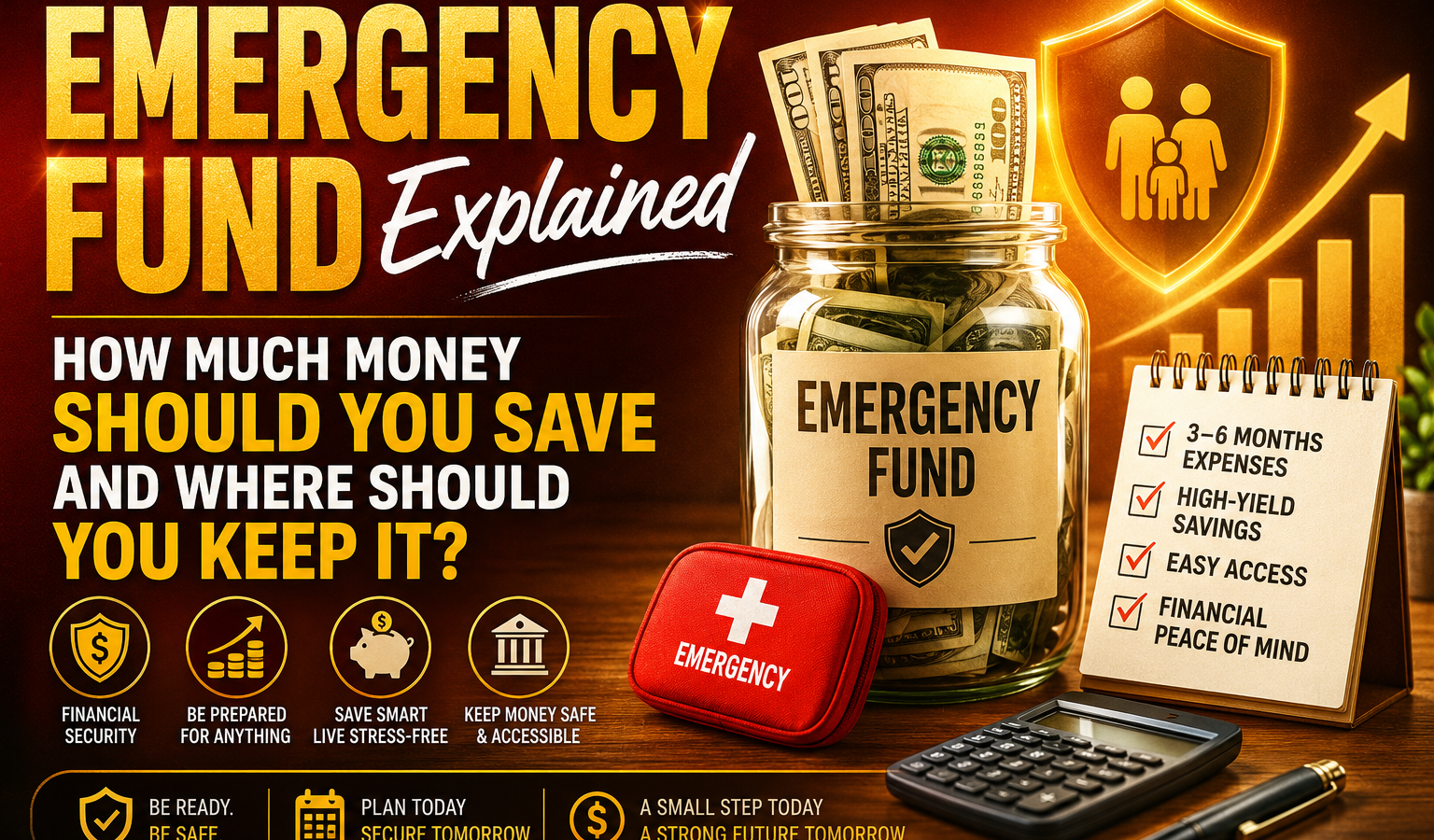 Emergency Fund Explained infographic showing a cash-filled savings jar, emergency kit, calculator, and checklist illustrating how much money to save, where to keep an emergency fund, financial security, and smart savings strategies.