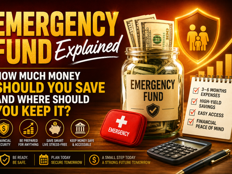 Emergency Fund Explained infographic showing a cash-filled savings jar, emergency kit, calculator, and checklist illustrating how much money to save, where to keep an emergency fund, financial security, and smart savings strategies.
