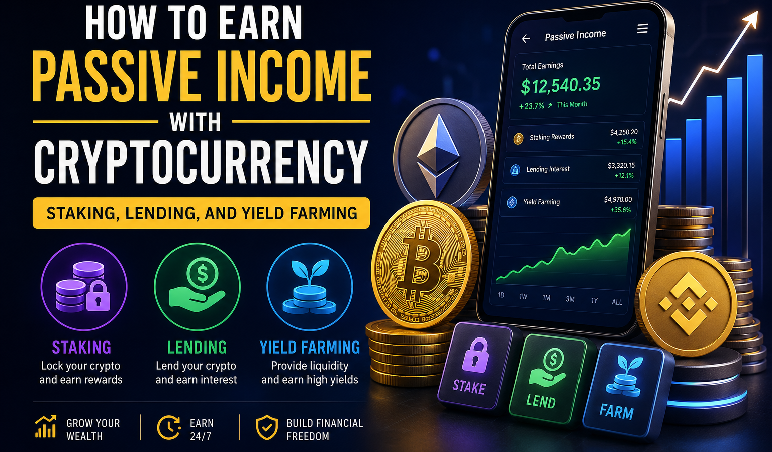 Illustration of cryptocurrency passive income showing Bitcoin, Ethereum, and Binance Coin with a smartphone dashboard displaying earnings from staking, crypto lending, and yield farming alongside a rising investment chart."