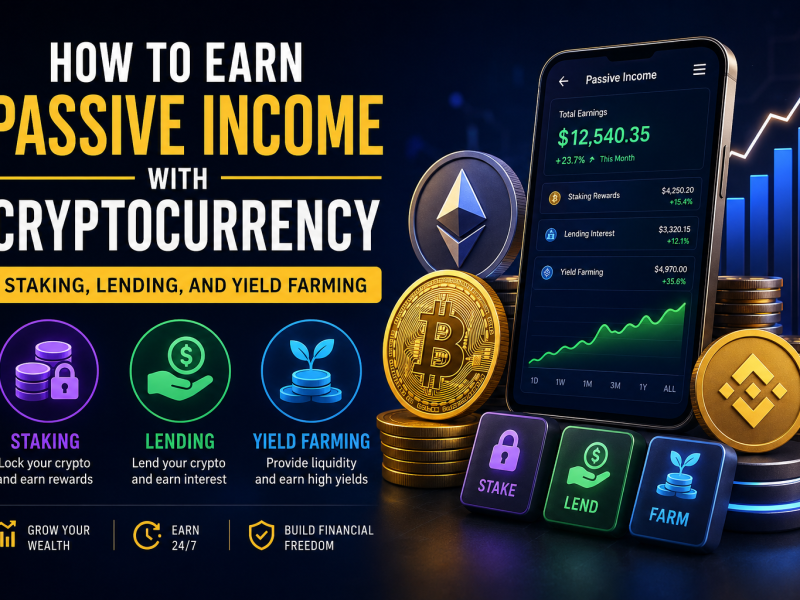 Illustration of cryptocurrency passive income showing Bitcoin, Ethereum, and Binance Coin with a smartphone dashboard displaying earnings from staking, crypto lending, and yield farming alongside a rising investment chart."