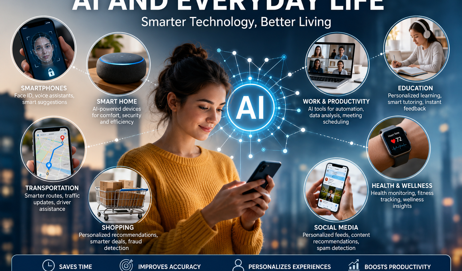 AI and everyday life infographic showing smart technology applications in home, work, education, health, shopping, and communication.