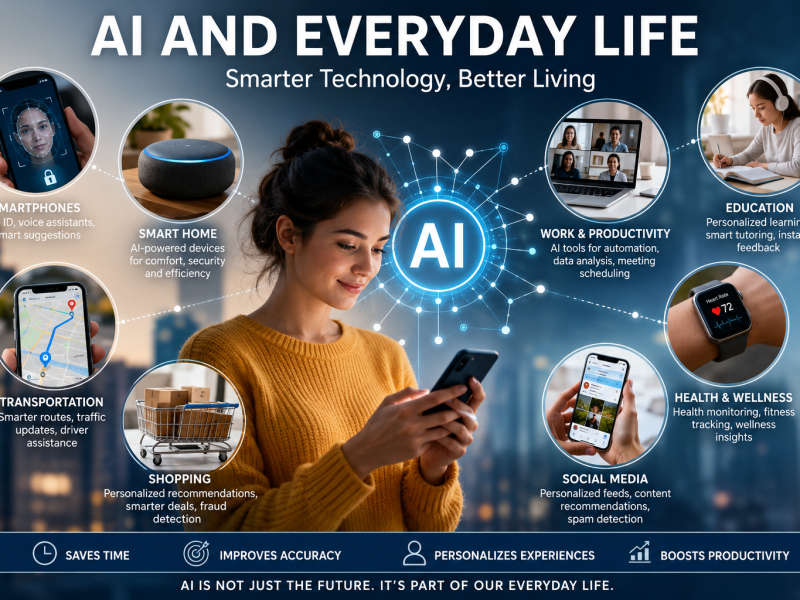 AI and everyday life infographic showing smart technology applications in home, work, education, health, shopping, and communication.