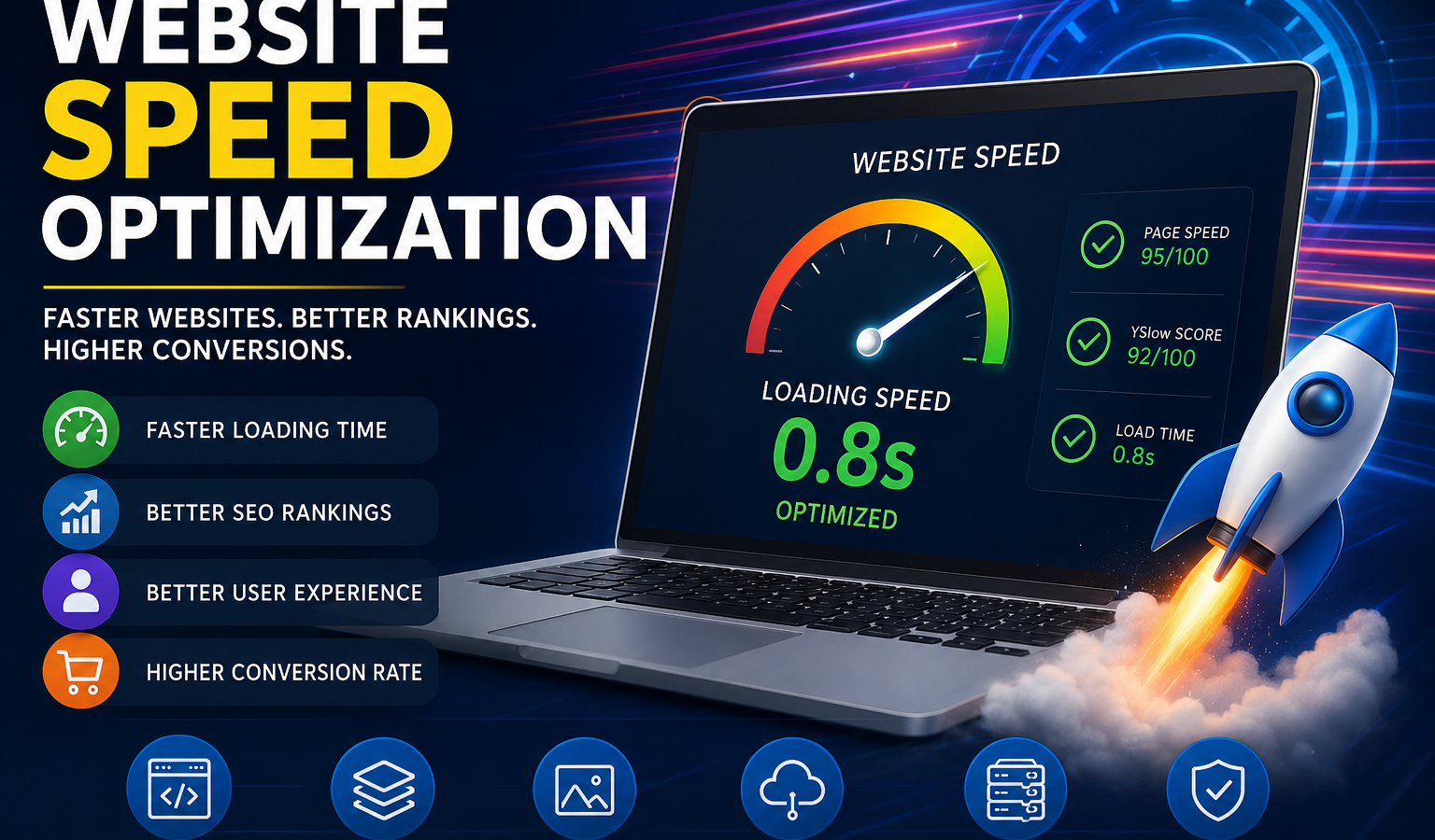 Illustration of website speed optimization showing a laptop with performance metrics, speed gauge, rocket icon, and SEO optimization features.