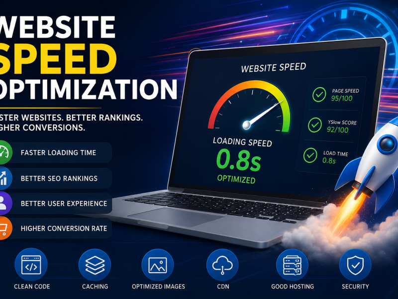 Illustration of website speed optimization showing a laptop with performance metrics, speed gauge, rocket icon, and SEO optimization features.