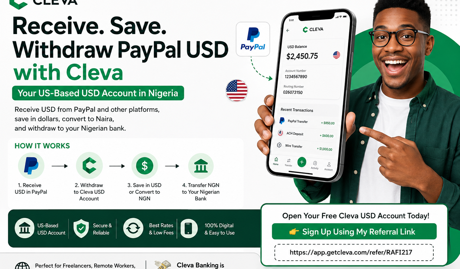Cleva USD account for receiving and saving USD, linking PayPal, and withdrawing PayPal funds in Nigeria