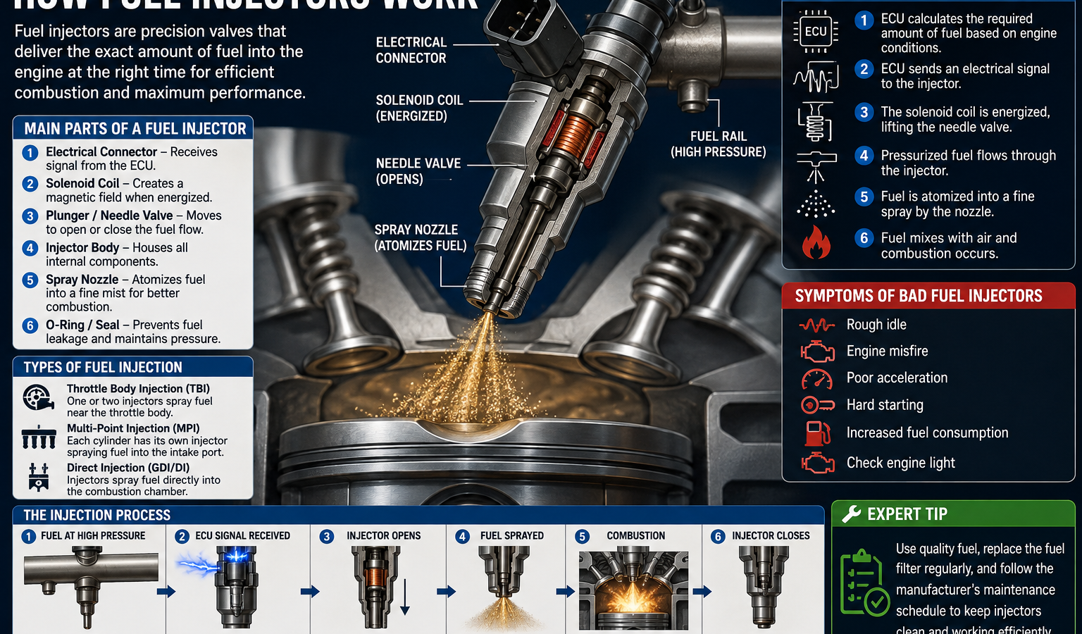 How fuel injectors work diagram showing injector parts, ECU control, fuel spray, injection process, and common bad injector symptoms.