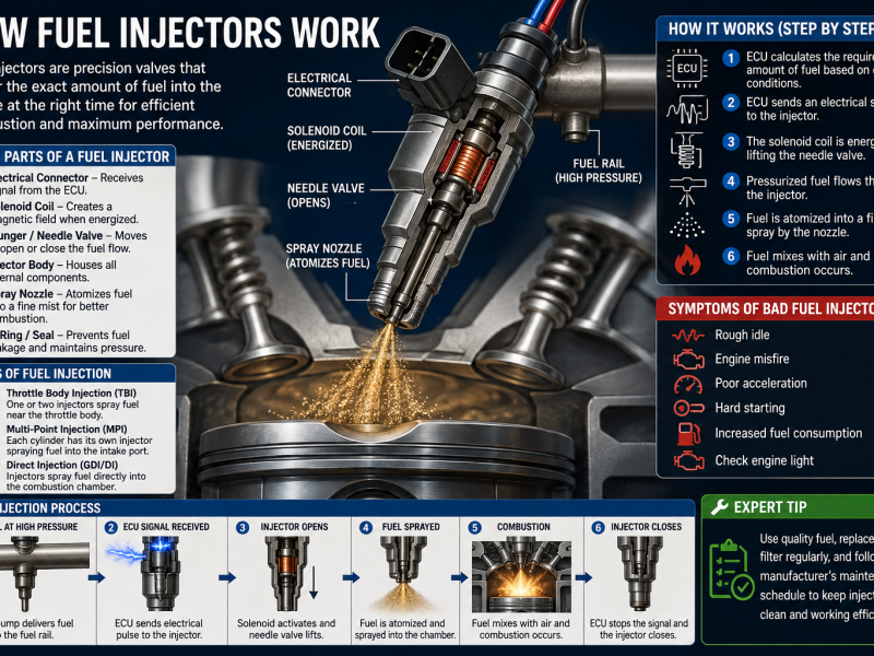 How fuel injectors work diagram showing injector parts, ECU control, fuel spray, injection process, and common bad injector symptoms.