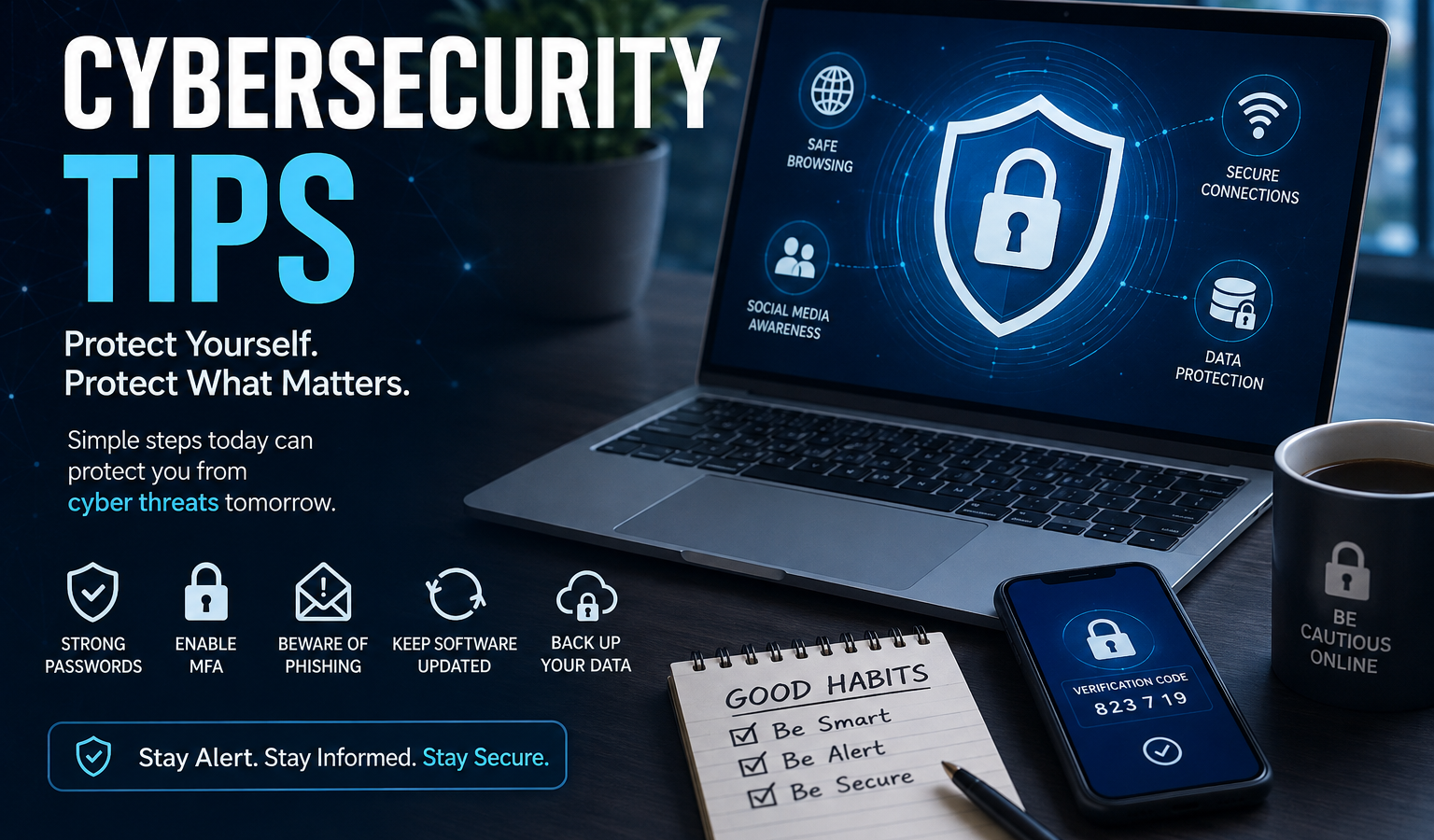 Cybersecurity tips infographic showing a laptop with a digital shield and lock, smartphone, and security icons for strong passwords, MFA, phishing protection, software updates, and data backups.