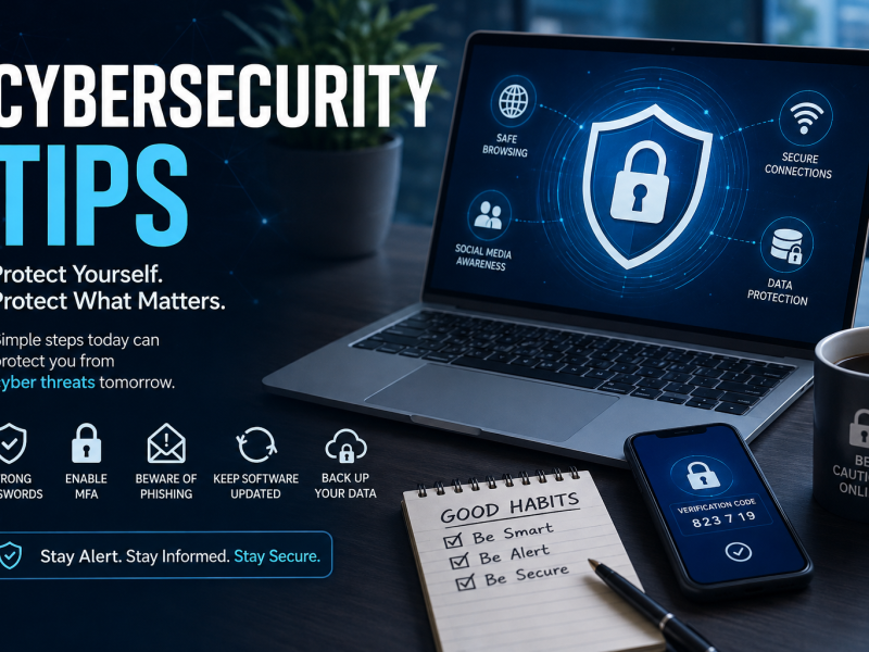 Cybersecurity tips infographic showing a laptop with a digital shield and lock, smartphone, and security icons for strong passwords, MFA, phishing protection, software updates, and data backups.