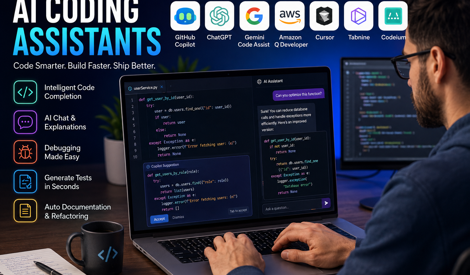 Developer using AI coding assistants on a laptop with code suggestions, AI chat, debugging tools, and logos of GitHub Copilot, ChatGPT, Gemini Code Assist, Amazon Q Developer, Cursor, Tabnine, and Codeium, illustrating modern AI-powered software development.