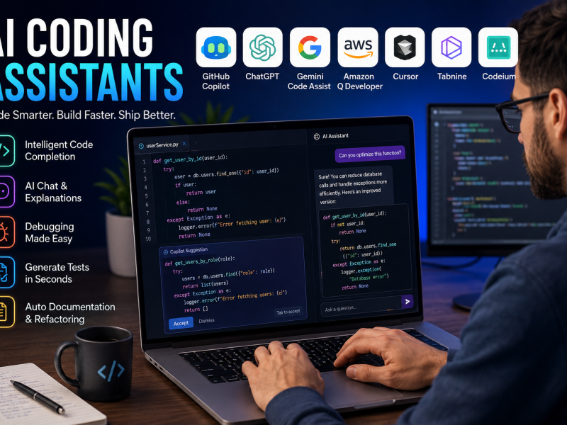 Developer using AI coding assistants on a laptop with code suggestions, AI chat, debugging tools, and logos of GitHub Copilot, ChatGPT, Gemini Code Assist, Amazon Q Developer, Cursor, Tabnine, and Codeium, illustrating modern AI-powered software development.