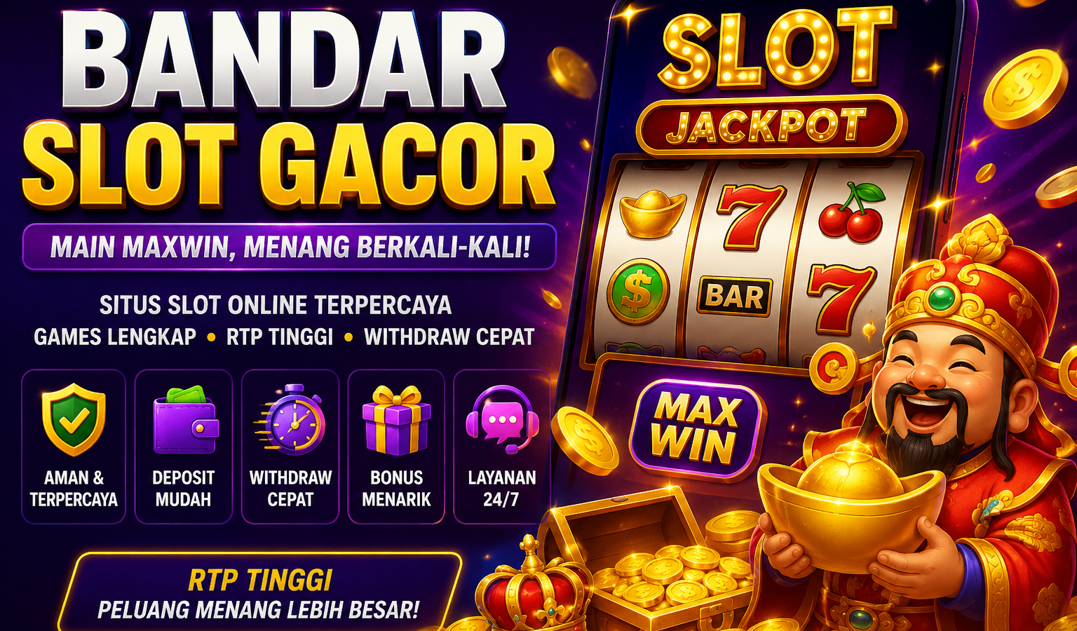 Colorful promotional illustration for a bandar slot gacor article featuring a glowing online slot machine with jackpot symbols, gold coins, treasure chest, and vibrant neon lights, representing online casino entertainment and digital slot gaming.