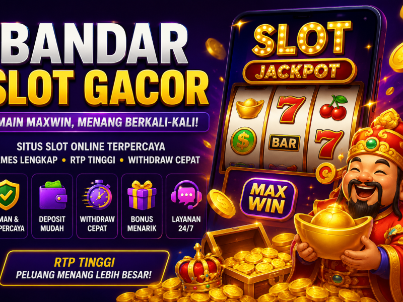Colorful promotional illustration for a bandar slot gacor article featuring a glowing online slot machine with jackpot symbols, gold coins, treasure chest, and vibrant neon lights, representing online casino entertainment and digital slot gaming.