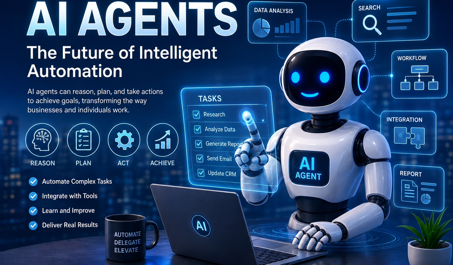 AI agents illustration showing a humanoid robot using intelligent automation to research, analyze data, manage workflows, integrate tools, and complete complex tasks with AI-powered decision-making.