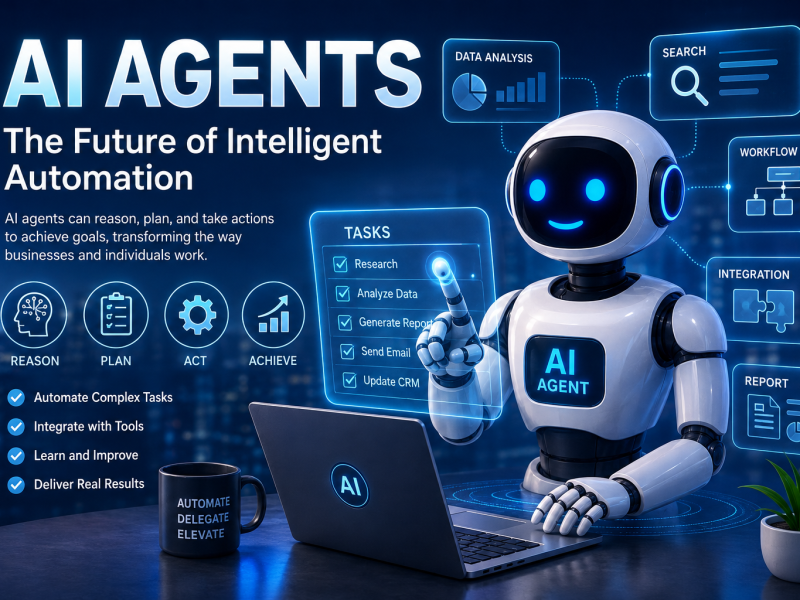 AI agents illustration showing a humanoid robot using intelligent automation to research, analyze data, manage workflows, integrate tools, and complete complex tasks with AI-powered decision-making.