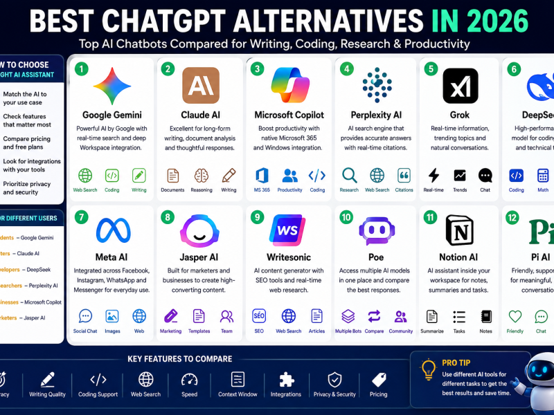 Best ChatGPT alternatives comparison featuring leading AI chatbots for writing, coding, research,