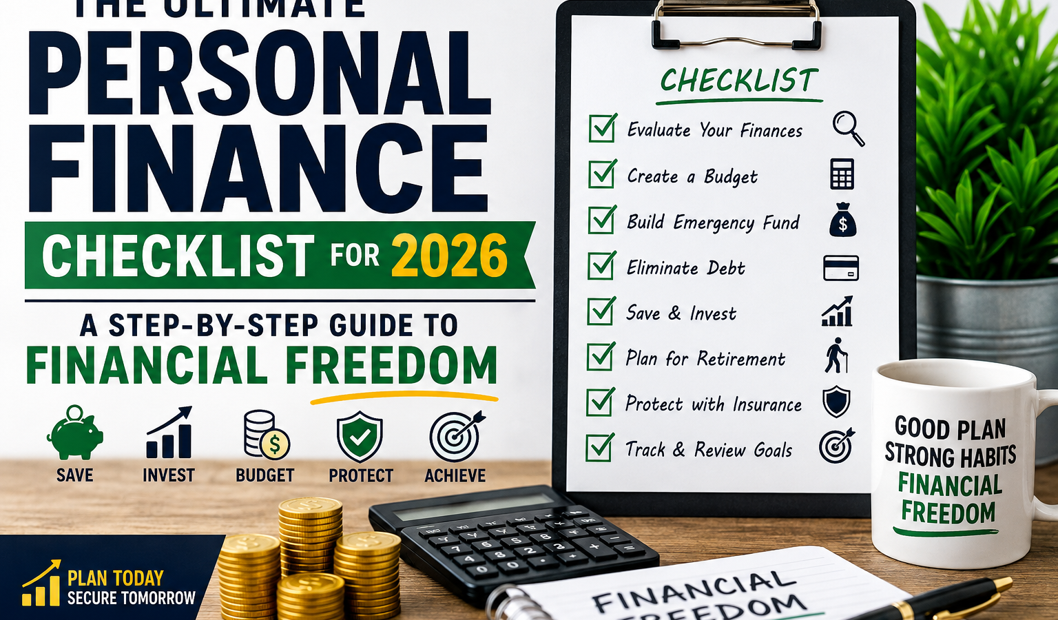 Modern personal finance checklist for 2026 featuring a financial planning workspace with a clipboard checklist, calculator, gold coins, notebook, coffee mug, and savings icons. The image highlights budgeting, emergency funds, debt repayment, investing, retirement planning, insurance, and financial freedom in a clean, professional design.