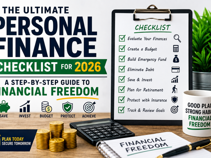 Modern personal finance checklist for 2026 featuring a financial planning workspace with a clipboard checklist, calculator, gold coins, notebook, coffee mug, and savings icons. The image highlights budgeting, emergency funds, debt repayment, investing, retirement planning, insurance, and financial freedom in a clean, professional design.