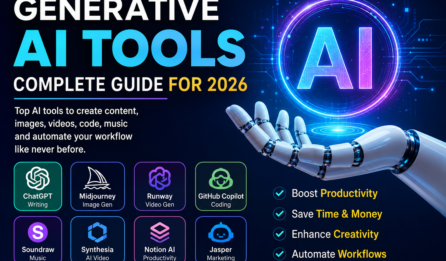 Futuristic illustration showcasing generative AI tools in 2026, featuring AI-powered writing, image generation, video creation, coding, music, and productivity platforms with a robotic hand holding a glowing AI hologram, representing automation, creativity, and digital innovation.