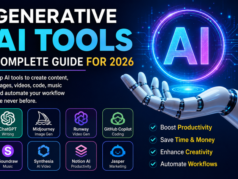 Futuristic illustration showcasing generative AI tools in 2026, featuring AI-powered writing, image generation, video creation, coding, music, and productivity platforms with a robotic hand holding a glowing AI hologram, representing automation, creativity, and digital innovation.