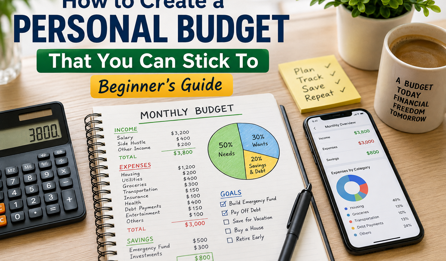 Monthly personal budget planner with calculator, smartphone, notebook, and financial charts illustrating a beginner's guide to creating and sticking to a personal budget."