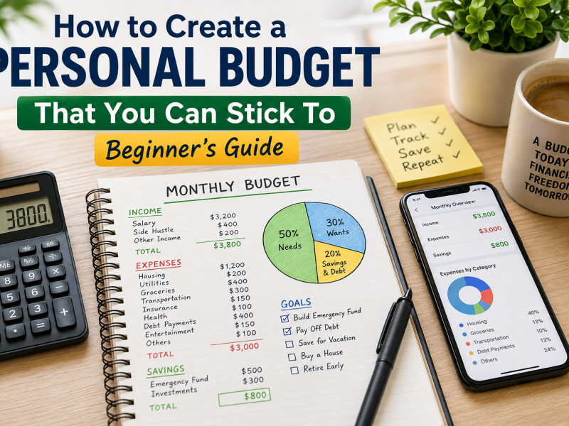 Monthly personal budget planner with calculator, smartphone, notebook, and financial charts illustrating a beginner's guide to creating and sticking to a personal budget."